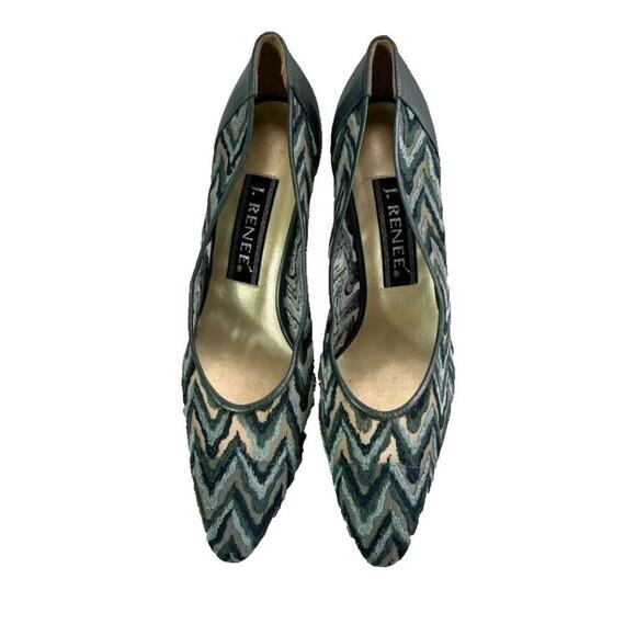 J. Renee Shoe Womens 9 M Heel Pump Blue Chevron Pattern Pointed Toe Leather Upp - Picture 1 of 12